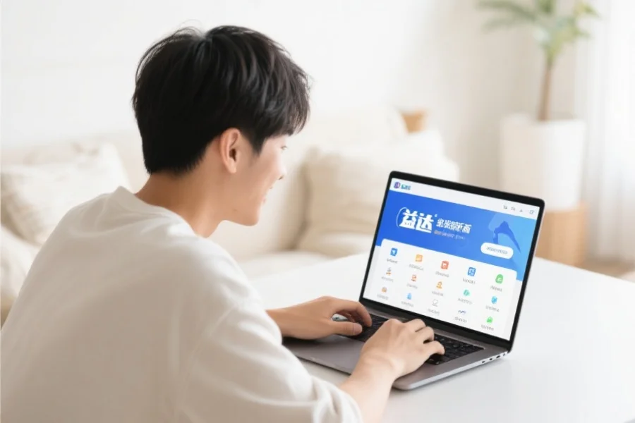 一位年轻用户在明亮舒适的室内环境中愉快地使用笔记本电脑,屏幕上展示杏盛客户端新版界面